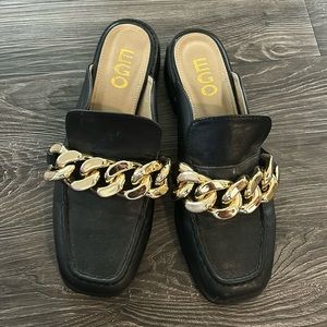 Ego Open Back Black Mules - Gold Chain, US 9 / UK 7